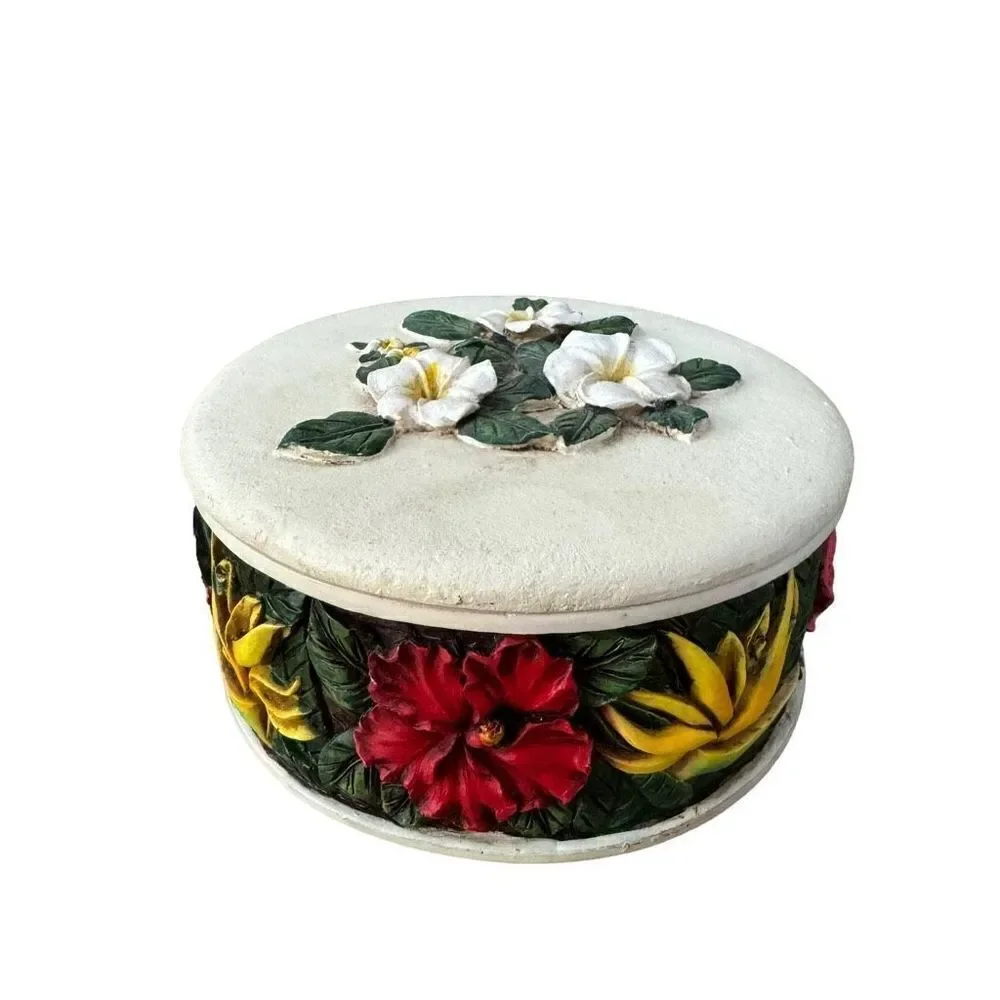 KC Company LTD Hawaiian flowers 3D design ceramic jewelry trinket box 4”